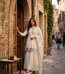 White silk blend embroidered sharara set