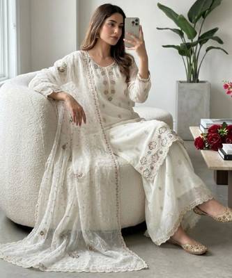 White silk blend embroidered sharara set 3