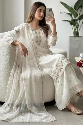 White silk blend embroidered sharara set