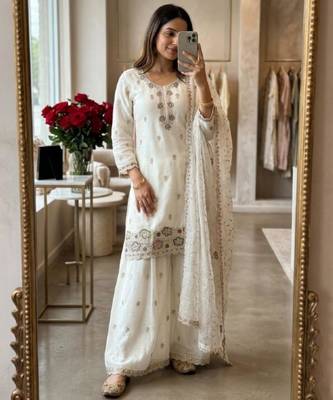 White silk blend embroidered sharara set 1