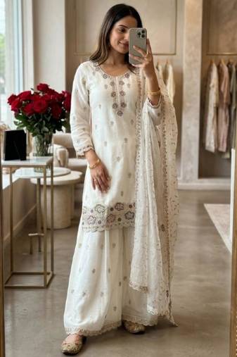 White silk blend embroidered sharara set