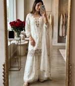 White silk blend embroidered sharara set