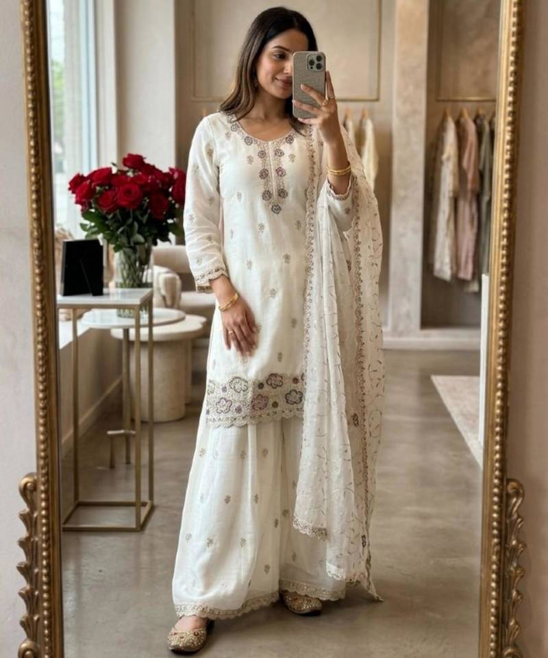 White silk blend embroidered sharara set