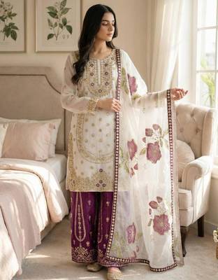 White silk blend embroidered sharara set 2