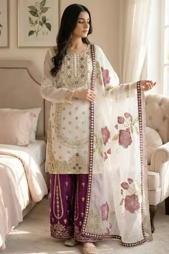 White silk blend embroidered sharara set