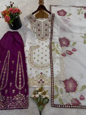 White silk blend embroidered sharara set 3