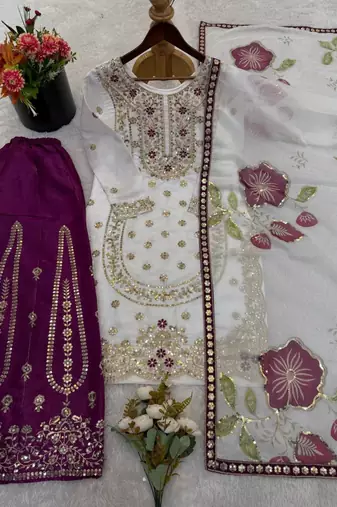 White silk blend embroidered sharara set