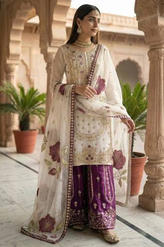 White silk blend embroidered sharara set