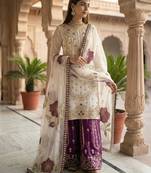 White silk blend embroidered sharara set