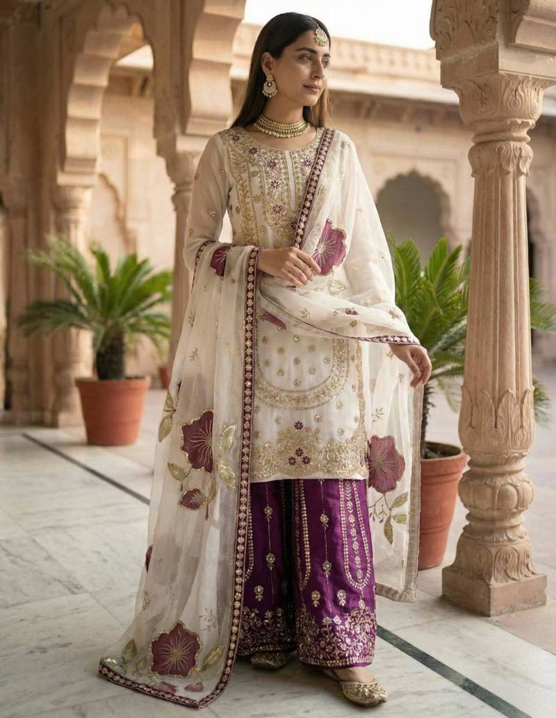 White silk blend embroidered sharara set