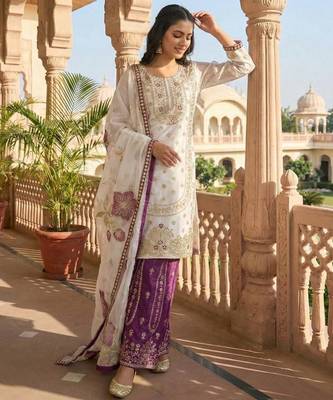 White silk blend embroidered sharara set 4