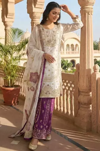 White silk blend embroidered sharara set