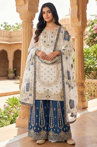 White silk blend embroidered sharara set
