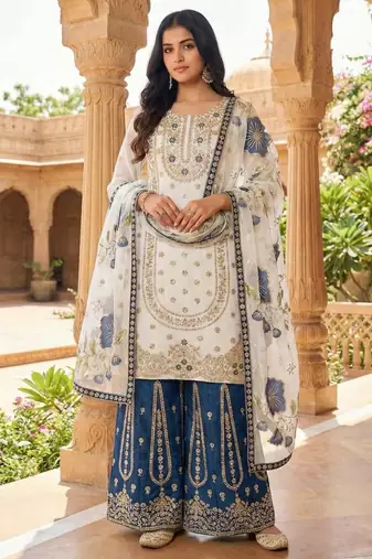 White silk blend embroidered sharara set