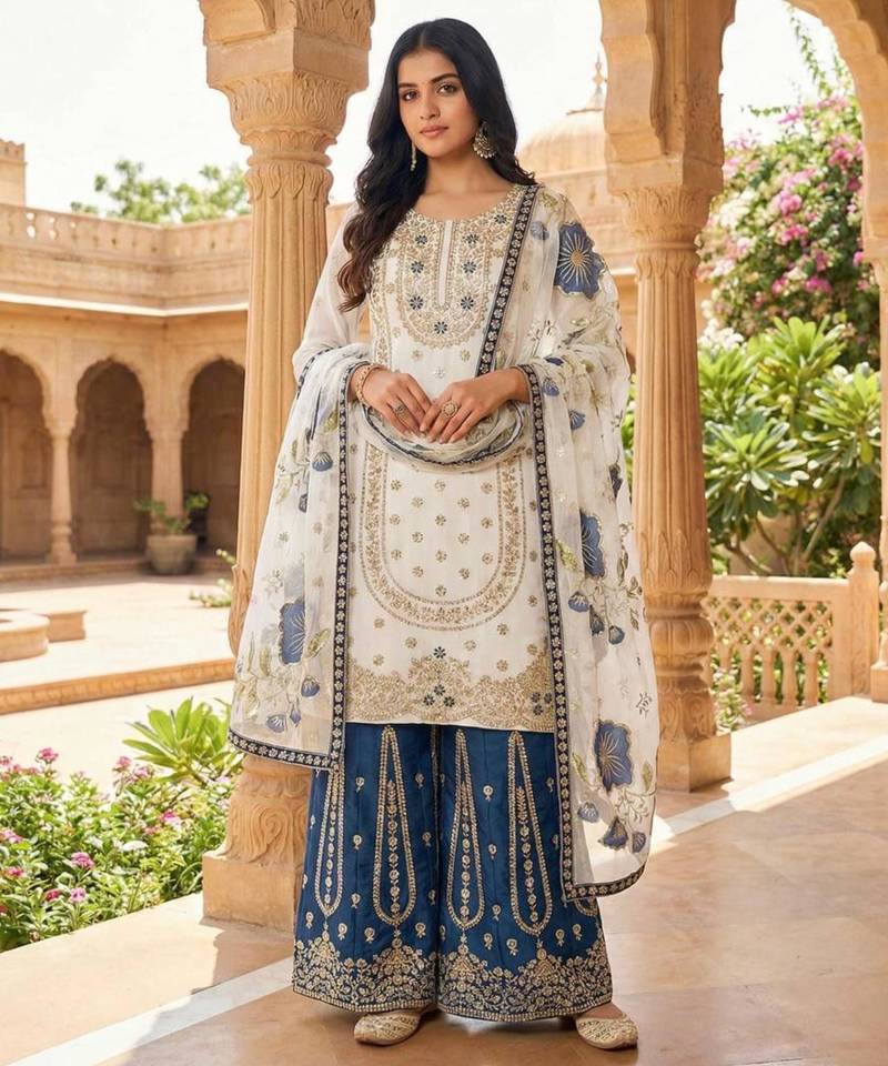 White silk blend embroidered sharara set