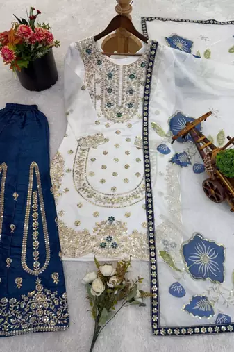 White silk blend embroidered sharara set