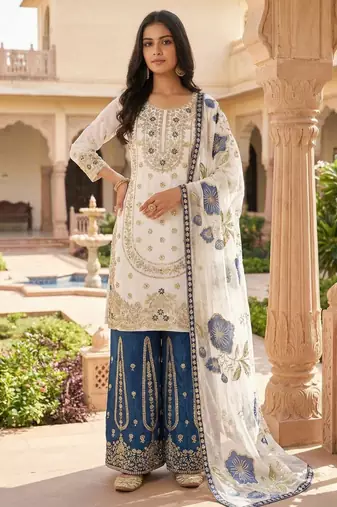 White silk blend embroidered sharara set