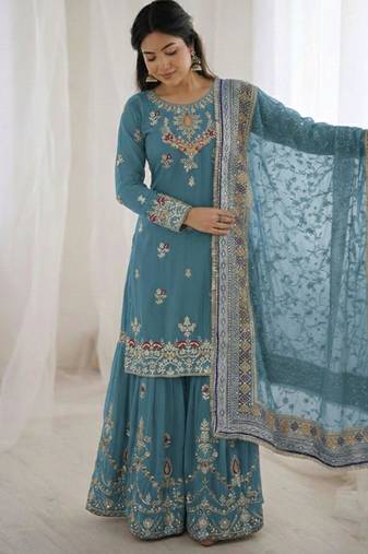 Teal faux georgette embroidered sharara set