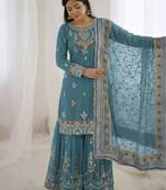 Teal faux georgette embroidered sharara set