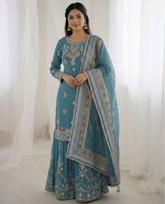 Teal faux georgette embroidered sharara set 2