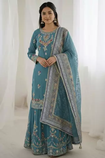 Teal faux georgette embroidered sharara set