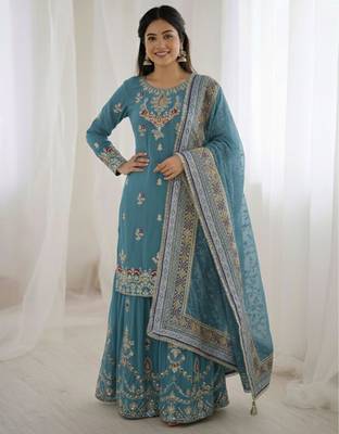 Teal faux georgette embroidered sharara set 3
