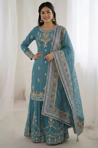 Teal faux georgette embroidered sharara set