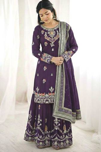 Purple faux georgette embroidered sharara set