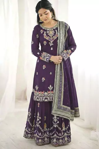 Purple faux georgette embroidered sharara set