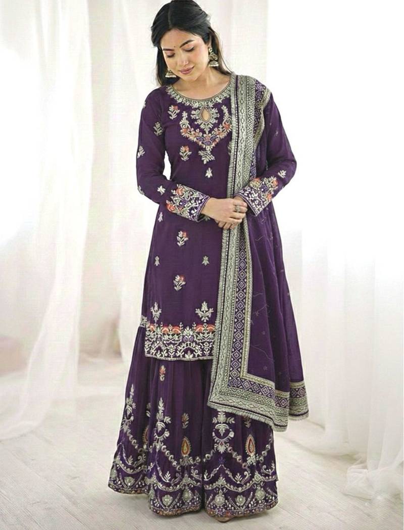 Purple faux georgette embroidered sharara set