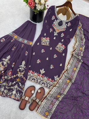 Purple faux georgette embroidered sharara set 4