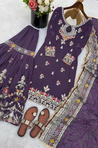 Purple faux georgette embroidered sharara set