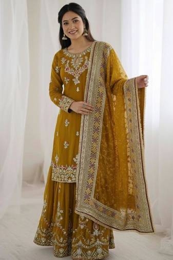Mustard faux georgette embroidered sharara set