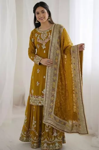 Mustard faux georgette embroidered sharara set