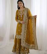 Mustard faux georgette embroidered sharara set