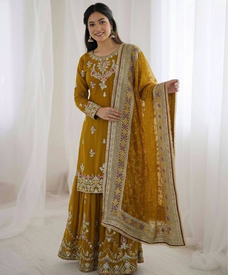 Mustard faux georgette embroidered sharara set