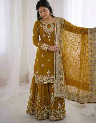 Mustard faux georgette embroidered sharara set 2