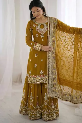 Mustard faux georgette embroidered sharara set