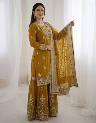 Mustard faux georgette embroidered sharara set 3