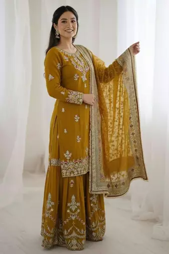Mustard faux georgette embroidered sharara set