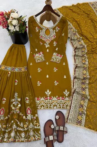 Mustard faux georgette embroidered sharara set