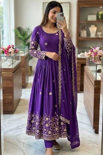 Purple silk blend embroidered gown set