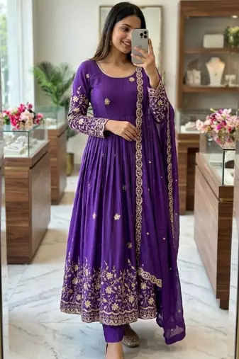 Purple silk blend embroidered gown set