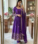 Purple silk blend embroidered gown set