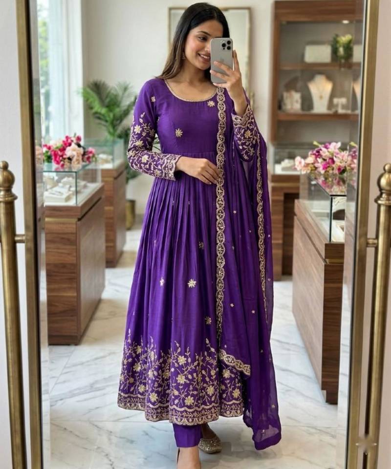 Purple silk blend embroidered gown set
