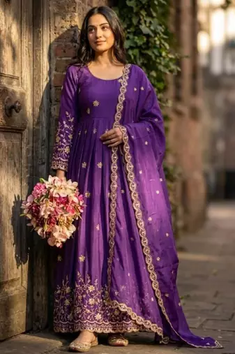 Purple silk blend embroidered gown set