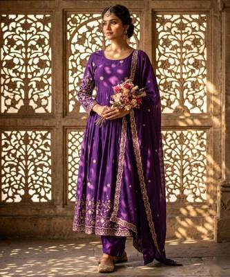 Purple silk blend embroidered gown set 3