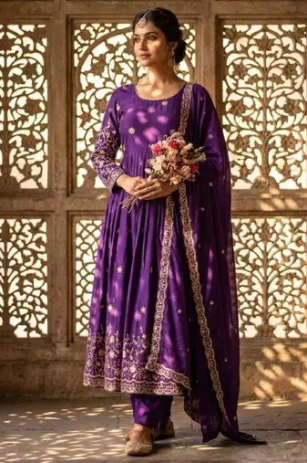 Purple silk blend embroidered gown set