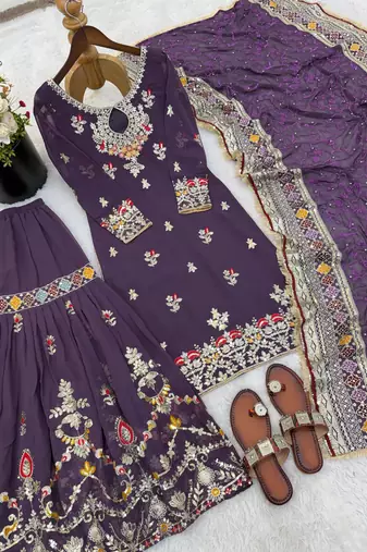 Purple silk blend embroidered gown set