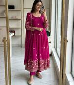 Pink silk blend embroidered gown set